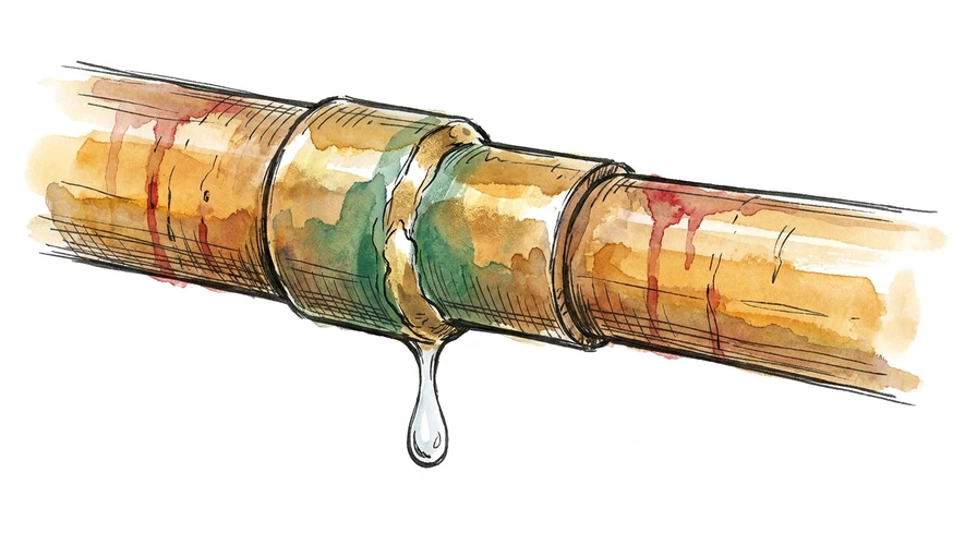 An ink-sketch of an old copper water pipe with one joint freshly soldered and sealed, a single last drop at the seam — the leak stopped at its source.