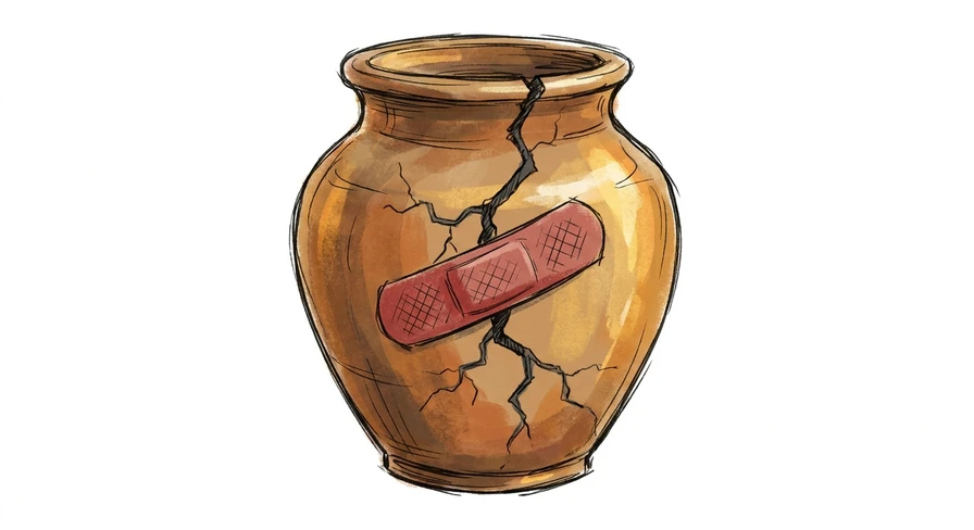 An ink-sketch illustration of a cracked ceramic vase with an adhesive bandage stuck over the crack, the crack still visible running beyond both edges of the bandage.