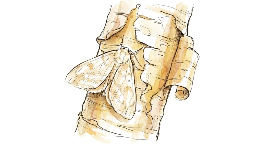 An ink-sketch illustration of a pale moth resting on birch bark, its wings so close in tone to the bark that its outline nearly disappears.