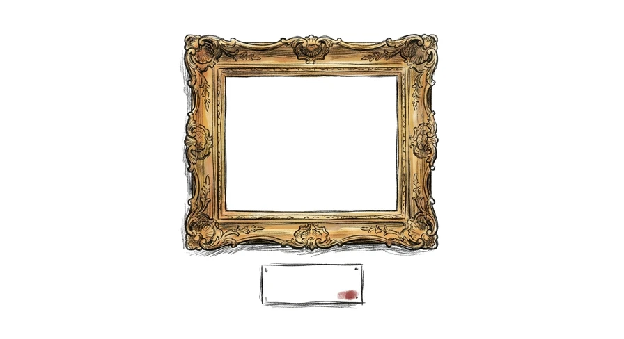 An ink-sketch illustration of an ornate empty gold picture frame hanging on a wall, with a blank, unmarked placard mounted below it where a description should be.
