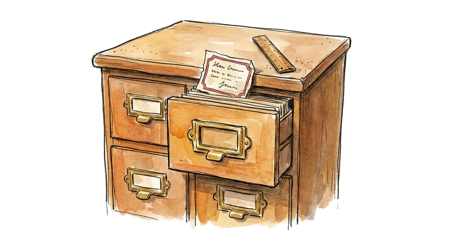 An ink-and-watercolour drawing of a wooden filing cabinet with brass label holders. One drawer hangs open and its paper label card lies loose on top of the cabinet, leaving that drawer's holder empty.