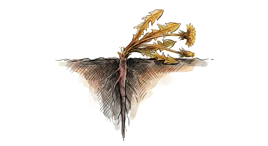 Ink illustration of a dandelion above a cross-section of soil, its long taproot remaining deep in the earth after the surface growth is removed.