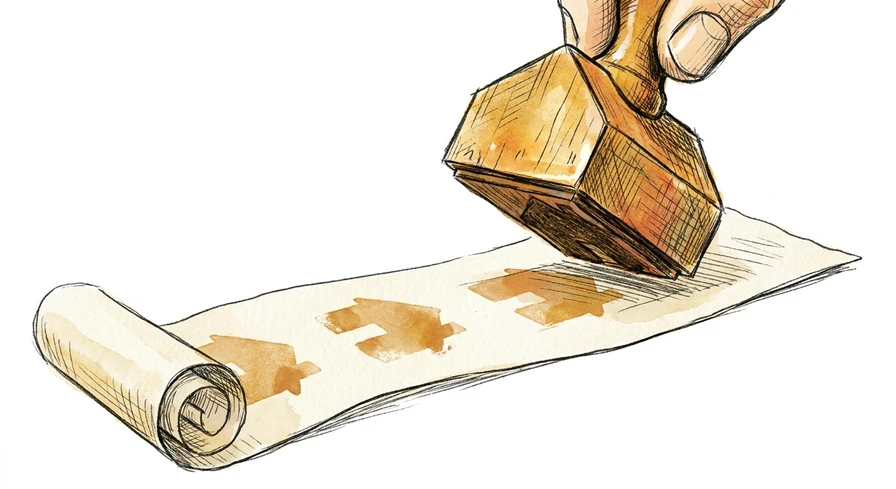 A hand-drawn illustration of a hand pressing a wooden house-shaped stamp onto a scroll of paper, leaving a row of identical house-shaped ink impressions, representing the same accessibility defect stamped across every site built on the same website template.
