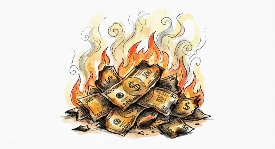 Hand-drawn illustration of dollar bills burning in flames