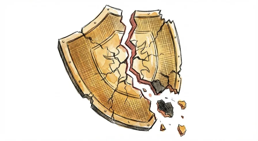 Hand-drawn illustration of a cracked and broken shield, representing the false protection of accessibility overlays
