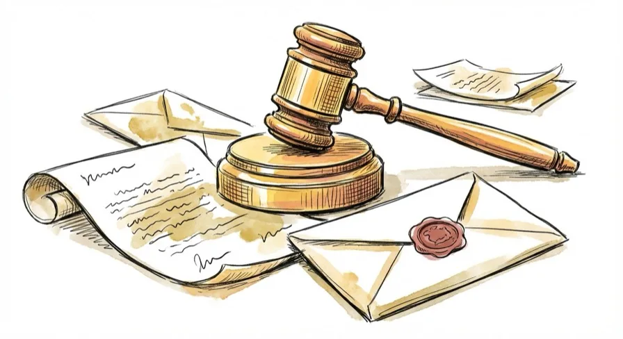 Hand-drawn illustration of a gavel resting on demand letters and legal envelopes