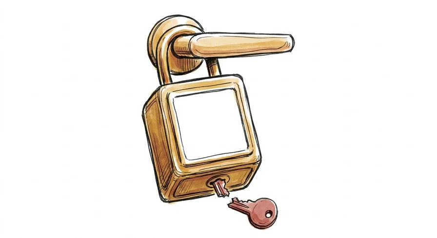Hand-drawn illustration of a realtor's lockbox on a door handle with a key snapped off in the keyhole