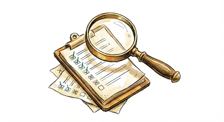 Hand-drawn illustration of a magnifying glass hovering over a checklist with check marks and X marks